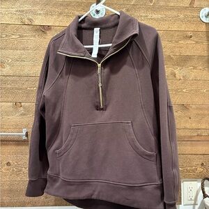 Lululemon Athletica Chocolate Brown quarter zip sweatshirt with gold zipper.